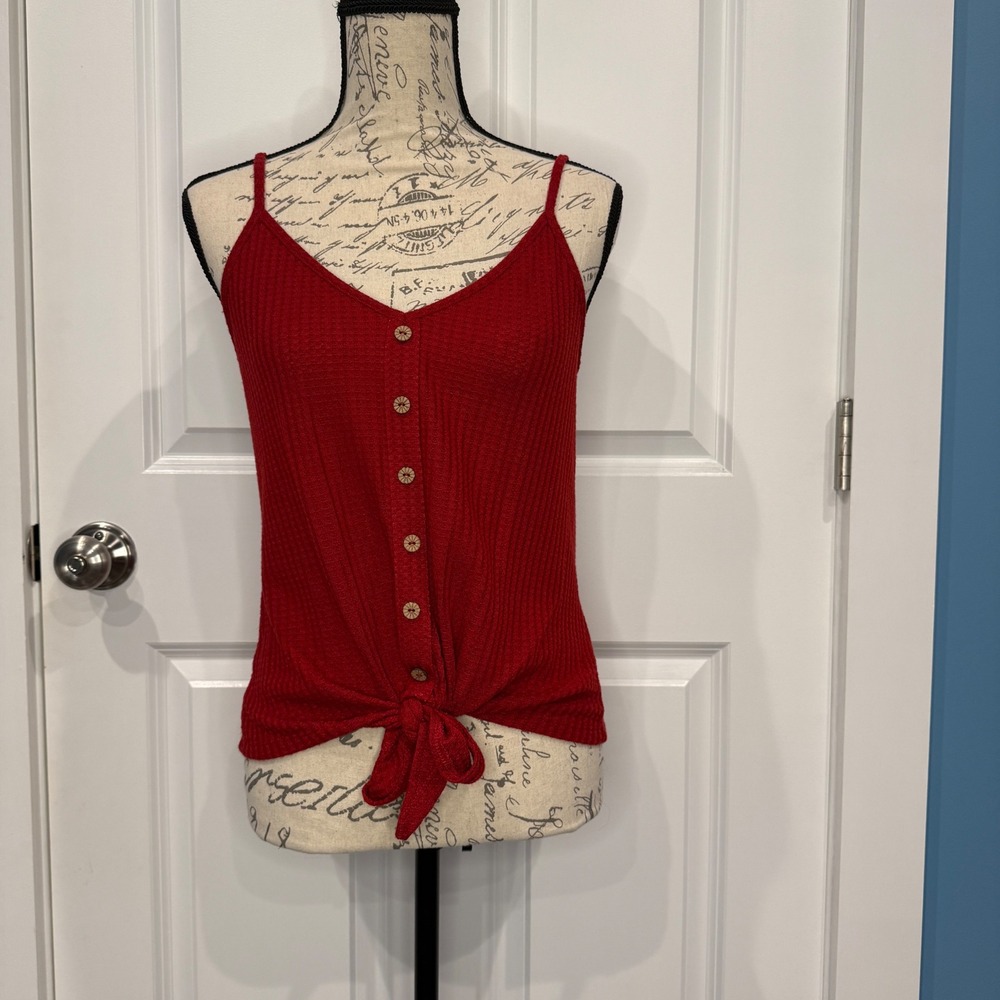SHEIN Red Waffle Knit‎ Button Front Tie Hem Cami Tank Top Size XS